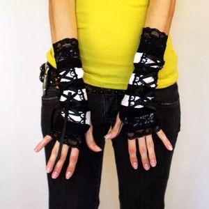 Striped Corset Gloves Black Lace Up Gothic Wedding Arm Sleeves Steampunk